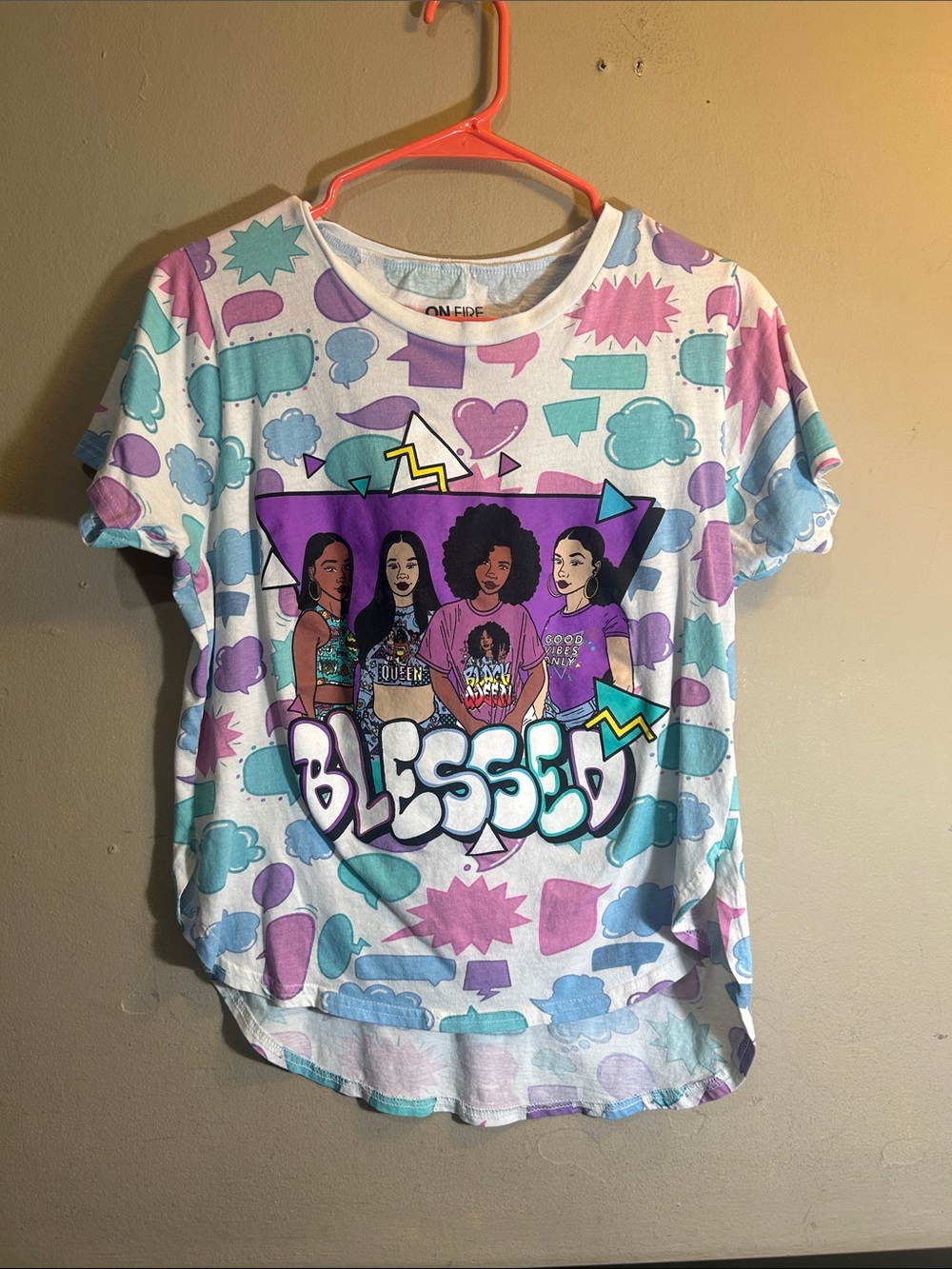 On Fire Blessed White Graphic Tee with Pastel Purple & Aqua Accents Size Large